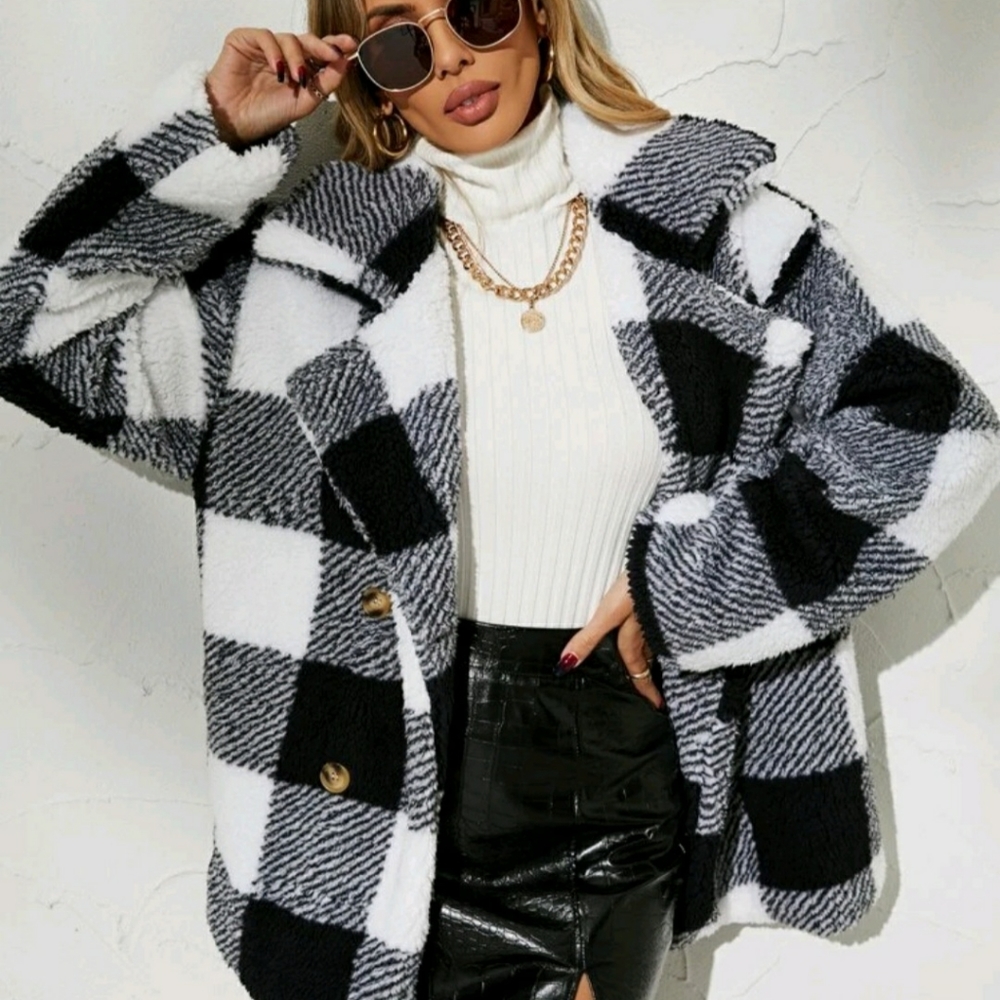 New Women's Gingham Double Breasted Teddy Coat